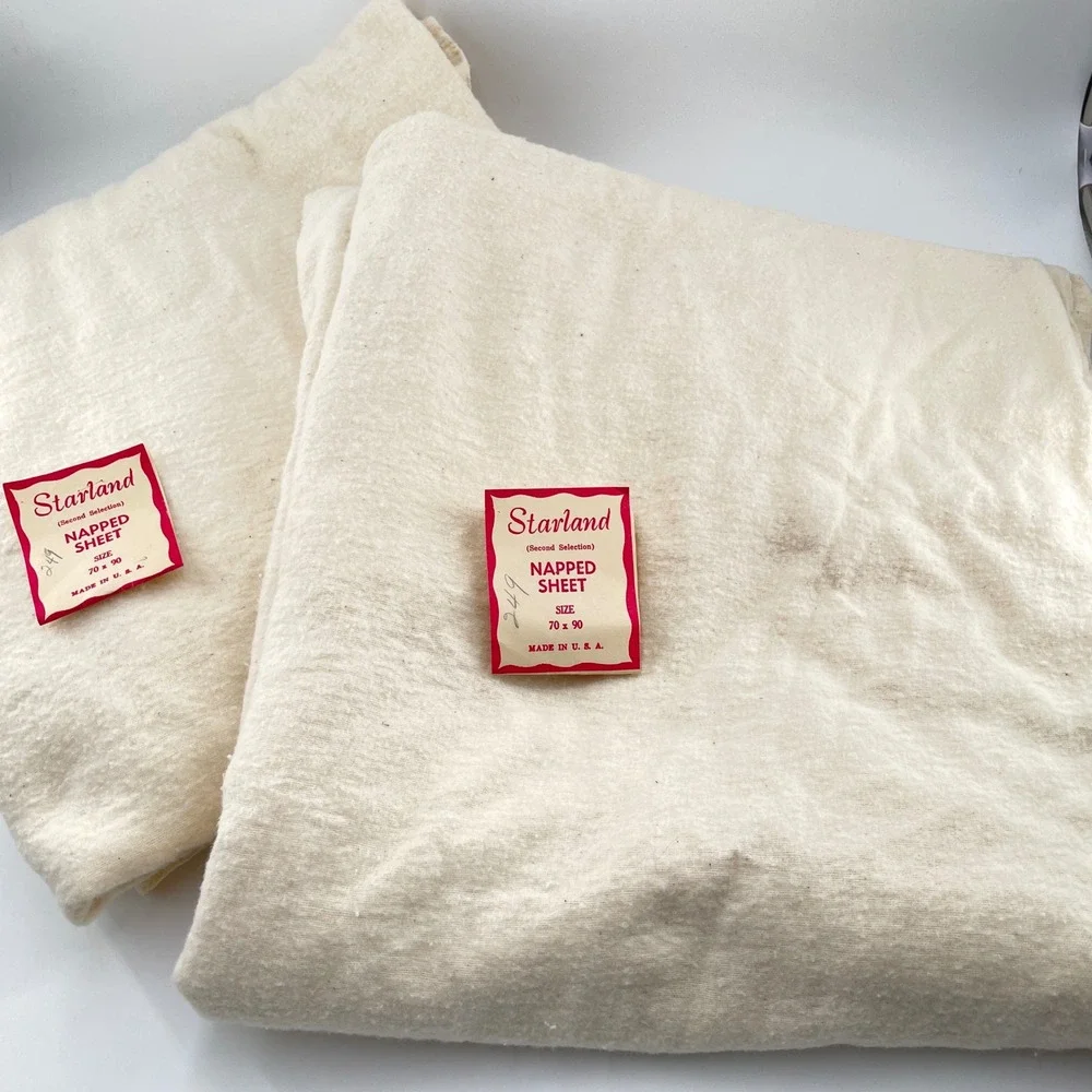 Starland Napped Flannelette Sheet Blanket 2 Cream Twin USA 50s Unbleached Cotton